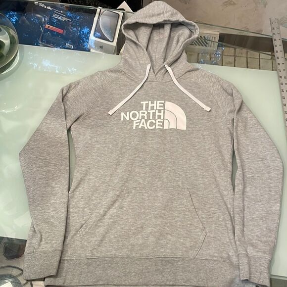 The north face hoodie s/p grey white printed draw string kangaroo pocket - Picture 1 of 8
